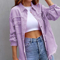 Distressed Drop Shoulder Fringe Denim Jacket Cotton Blend