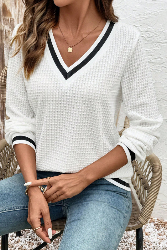 White Textured Knit Preppy Striped Trim V Neck Pullover Waffle Women's Top