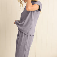 Luxury Solid Corded Short Sleeve T Shirt And Wide Leg Pants Set