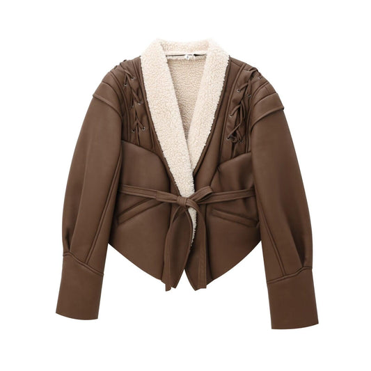 Chic French Waist Suede Jacket - Stylish Chocolate Leather Jacket for Women