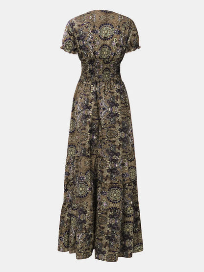 Full Size Smocked Printed V-Neck Dress for Effortless Style