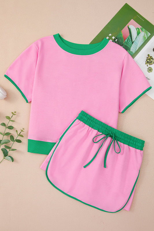Luxury Colorblock Edge Drop Shoulder T Shirt and Skort Set