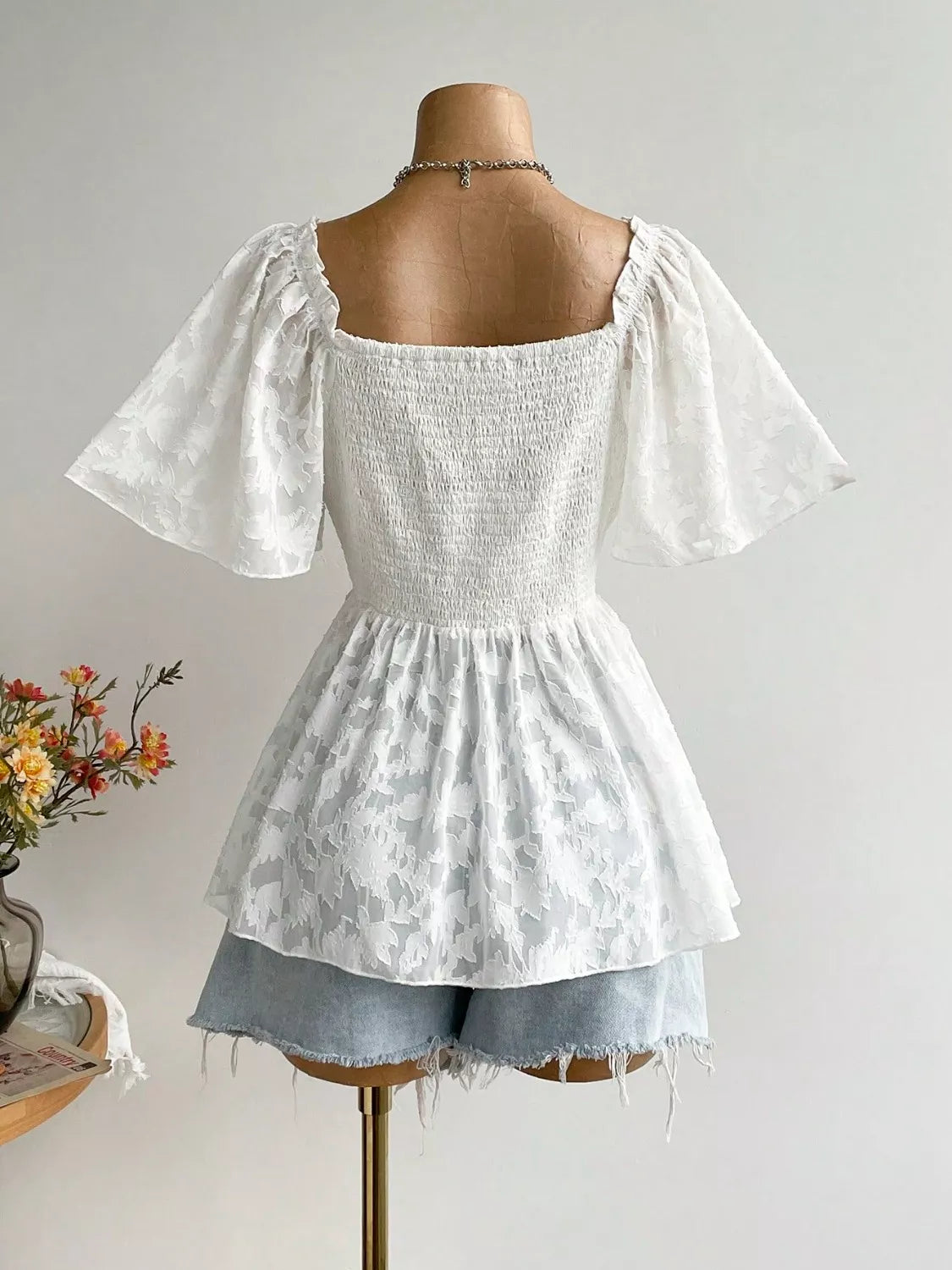 Plus Size Floral Flutter Sleeve Blouse with Smocked Back