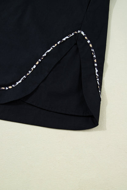 Black Leopard Trim Notched Neck Short Puff Sleeve Shift Mini Dress