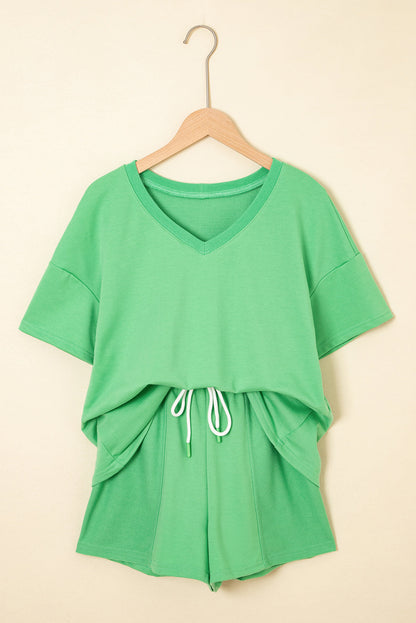 V-Neck Drop Shoulder Tee & Patchwork Drawstring Shorts Set