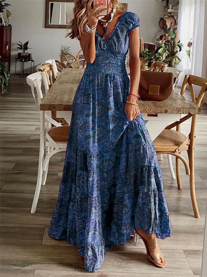 Full Size Smocked Printed V-Neck Dress for Effortless Style