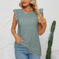 Smocked Round Neck Eyelet Top