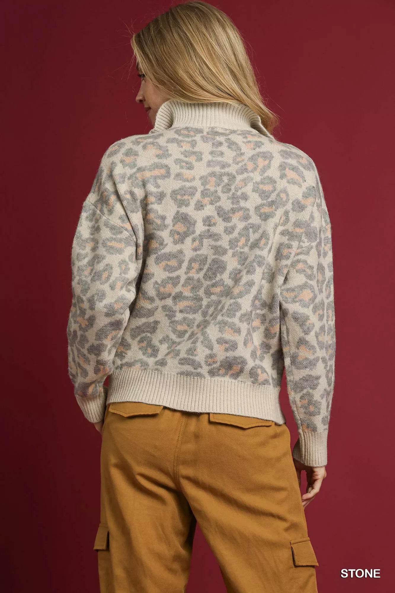 Umgee Leopard Print Quarter Zip Knit Sweater for Women Soft Relaxed Fit with Ribbed Cuffs
