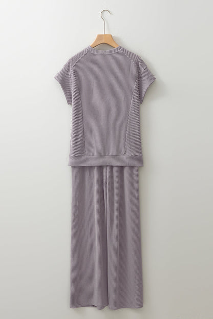 Luxury Solid Corded Short Sleeve T Shirt And Wide Leg Pants Set