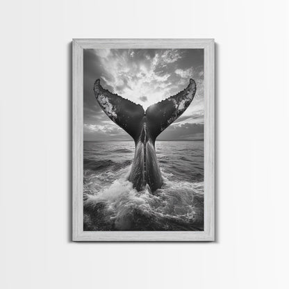 Whale Tail Splash, Ocean Sunset, Marine Majesty, Powerful Moment, Framed Canvas Print, Nautical Art, Coastal Living Room Decor