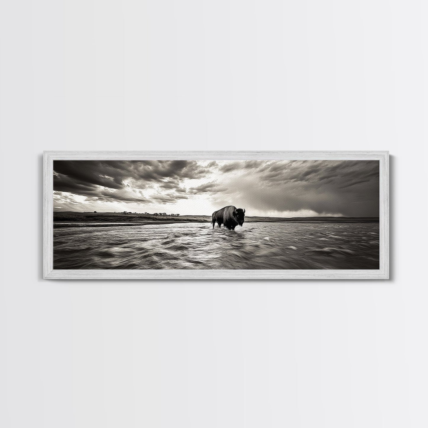 Bison River, Prairie Storm, American West, Framed Canvas Print, Rustic Nature Art, Fall Living Room Decor, Wildlife Photography