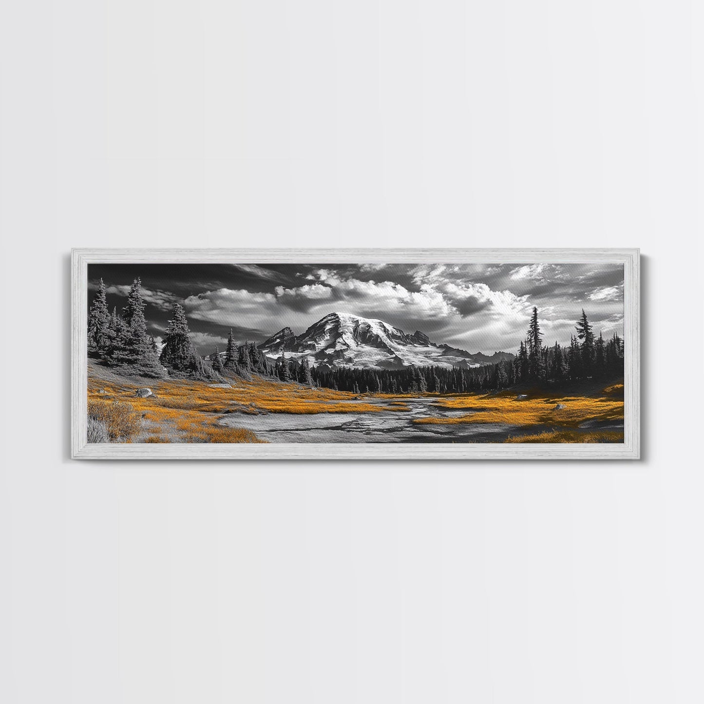 Majestic Mountain Scene, Snow Peaks and Meadows, Alpine Wilderness View, Framed Canvas Print, Cabin Wall Decor, Nature Wall Art