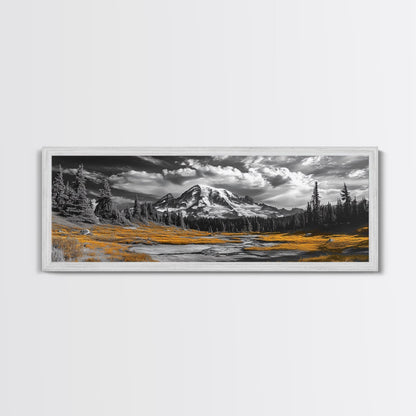 Majestic Mountain Scene, Snow Peaks and Meadows, Alpine Wilderness View, Framed Canvas Print, Cabin Wall Decor, Nature Wall Art