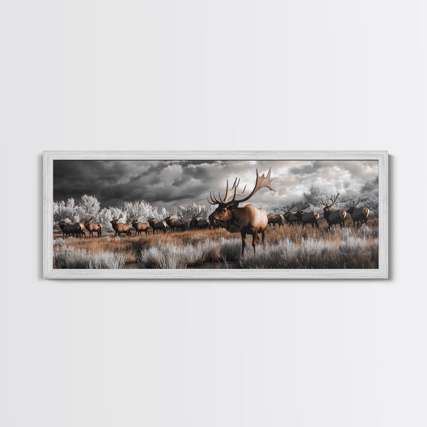 Elk Herd, Majestic Wildlife, Autumn Landscape, Framed Canvas Print, lodge decor, rustic mountain wall art, moody nature canvas