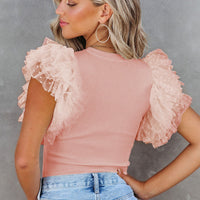 Luxury Dotty Mesh Ruffle Sleeve Ribbed Knit Top