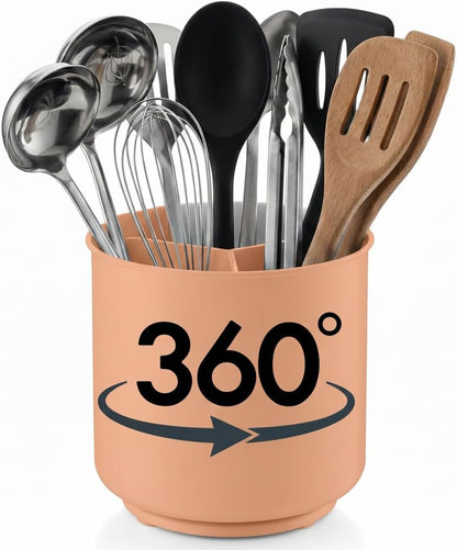 Cooler Kitchen Extra Large and Sturdy Rotating Utensil Holder Caddy with No-Tip Weighted Base, Removable Divider, and Gripped Insert | Rust Proof and Dishwasher Safe