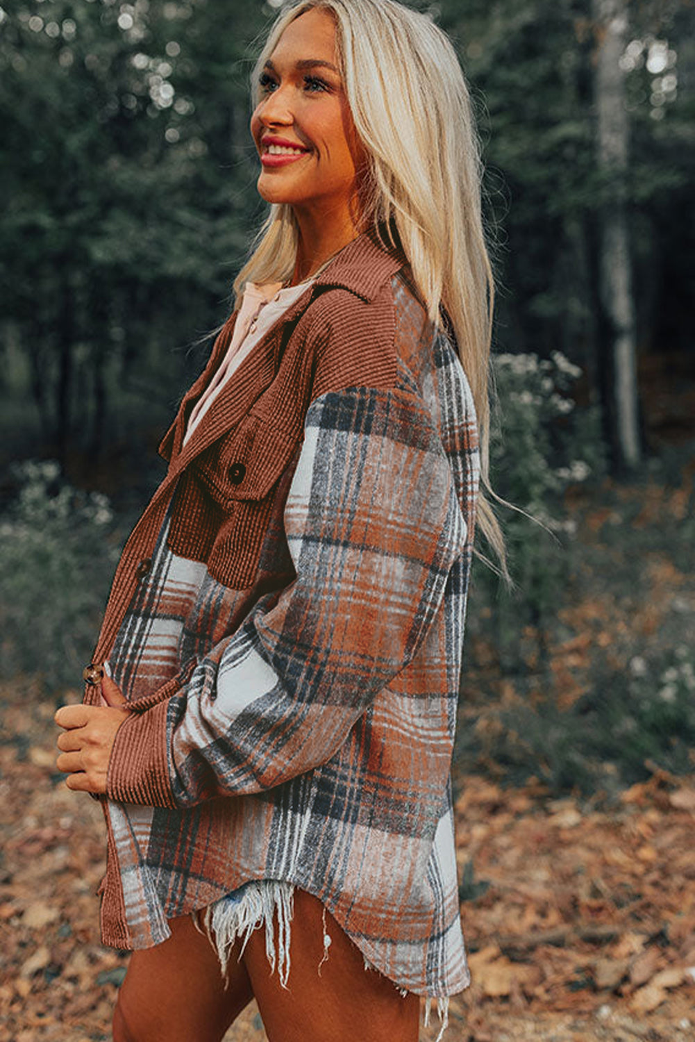 Cinnamon Plaid Corduroy Shacket with Patchwork Pockets for Effortless Style