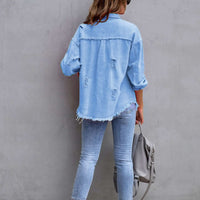Distressed Drop Shoulder Fringe Denim Jacket Cotton Blend