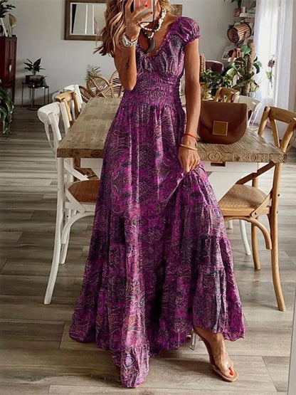 Full Size Smocked Printed V-Neck Dress for Effortless Style