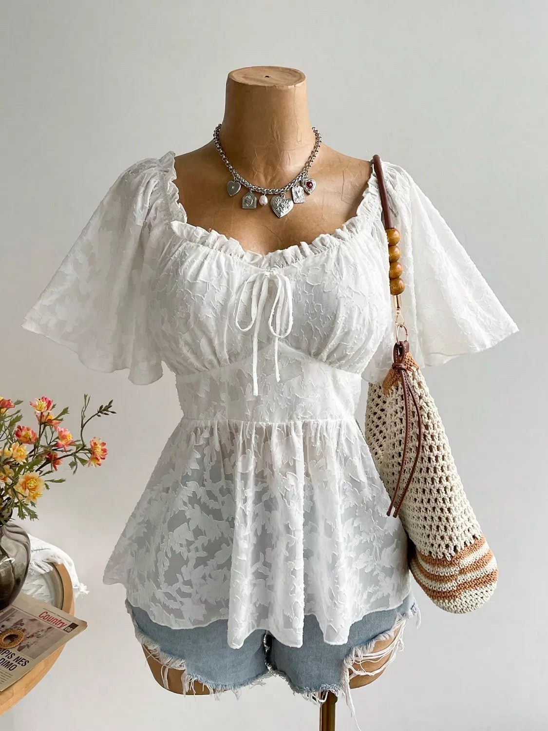 Plus Size Floral Flutter Sleeve Blouse with Smocked Back