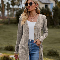 Ribbed Button-Up Cardigan with Pockets