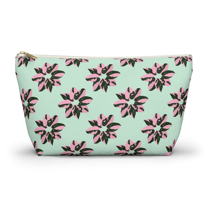 Pink Princess Philodendron Pattern Accessory Pouch – Zippered Catch-All With T-Bottom