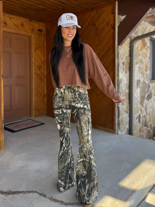 Fiona High Waisted Bell Bottom Flare Jeans - Moss Brown Camo