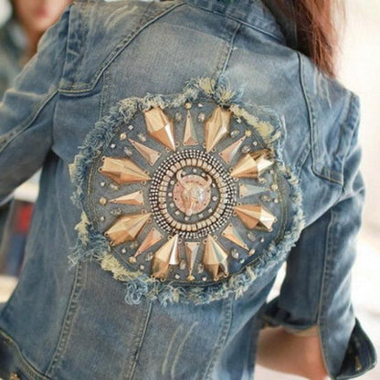 Cute Diamonds Encrusted Half Sleeve Denim Jacket