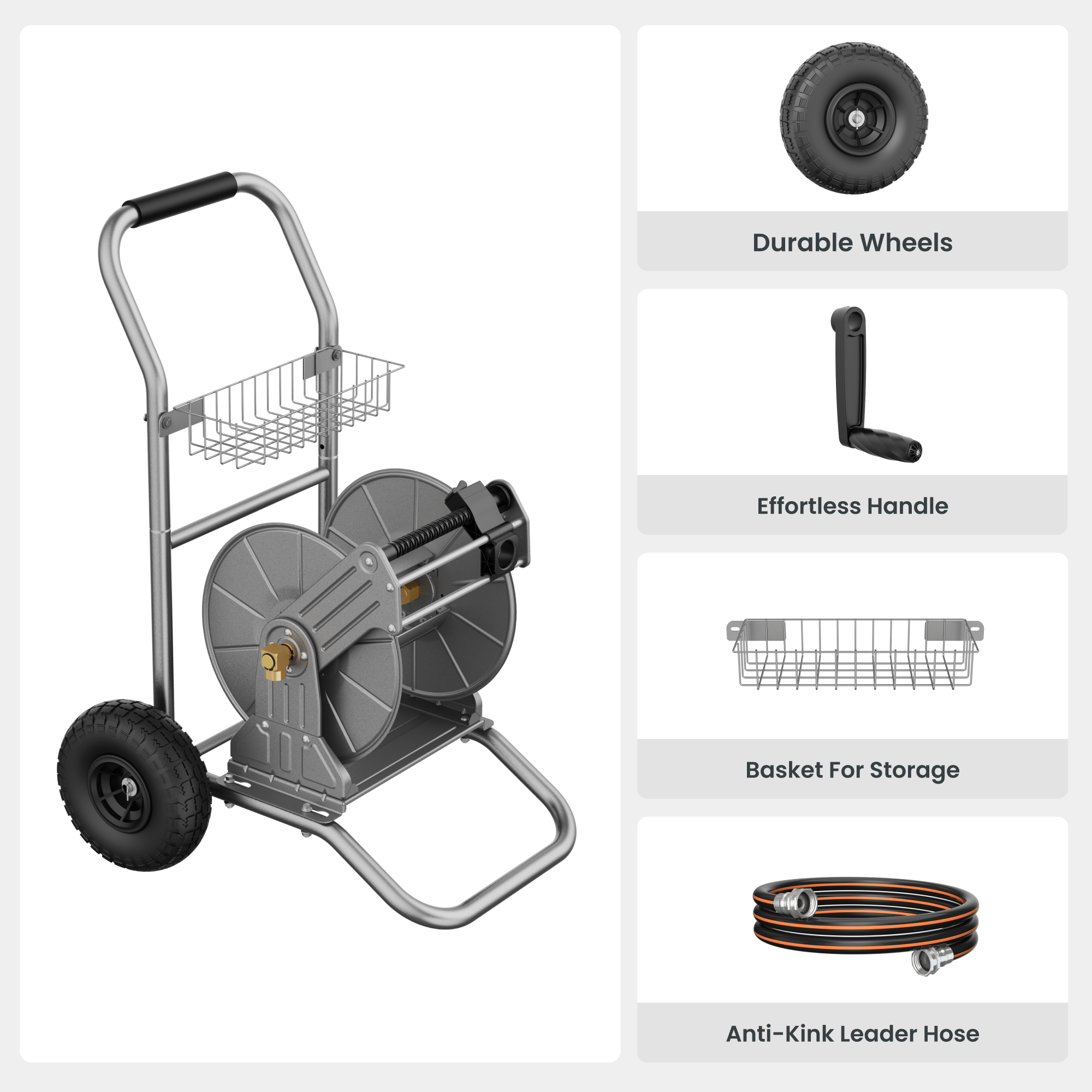 Garden Hose Reel Cart-2 Wheels-Stainless Steel-Heavy Duty