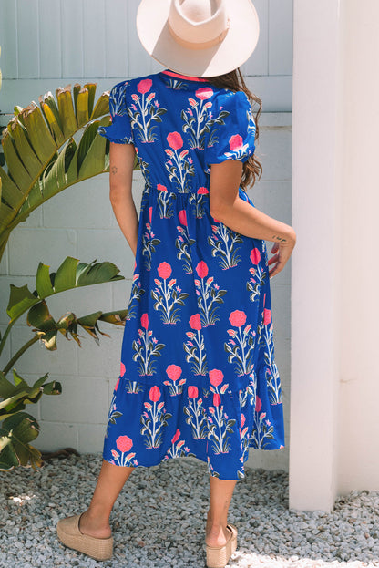 Luxury Floral Puff Short Sleeve V Neck High Waist Maxi Dress