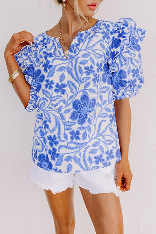 Luxury Floral Print Ruffled Bubble Sleeve Blouse