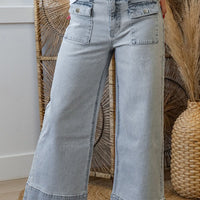 Sky Blue Striped Button Flap Pocket Wide Leg Denim Jeans