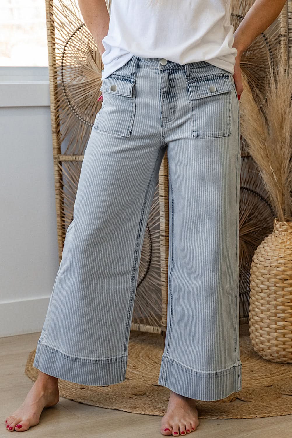 Sky Blue Striped Button Flap Pocket Wide Leg Denim Jeans