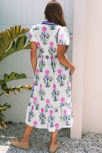 Luxury Floral Puff Short Sleeve V Neck High Waist Maxi Dress
