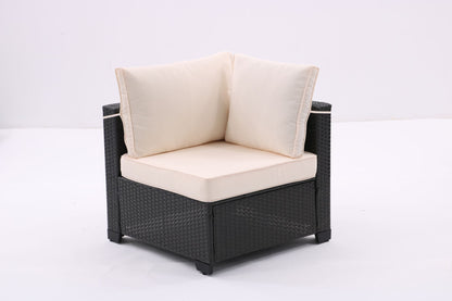 7 Pieces Outdoor Patio Furniture Set,Sectional Conversation Sofa Of Corner Chairs,Ottomans And Glass Top Table,All Weather PE Rattan and Steel Frame With Removable Cushions