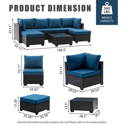 7 Pieces Outdoor Patio Furniture Set,Sectional Conversation Sofa Of Corner Chairs,Ottomans And Glass Top Table,All Weather PE Rattan and Steel Frame With Removable Cushions