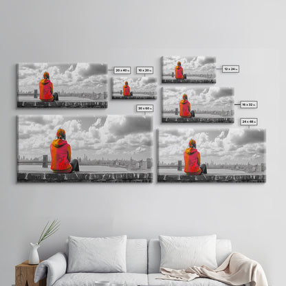 Rooftop View, Urban Woman, Brooklyn Bridge, Reflective Mood, Framed Canvas Print, Modern City Wall Art, Inspirational Office Decor