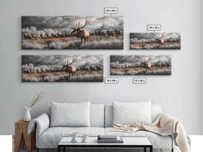 Elk Herd, Majestic Wildlife, Autumn Landscape, Framed Canvas Print, lodge decor, rustic mountain wall art, moody nature canvas