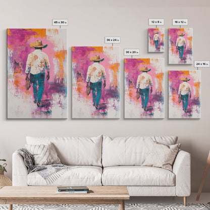 Cowboy Walking, chicano art, western aesthetic, rustic wall art, farmhouse art, moody art, bold colors, Framed Canvas Print