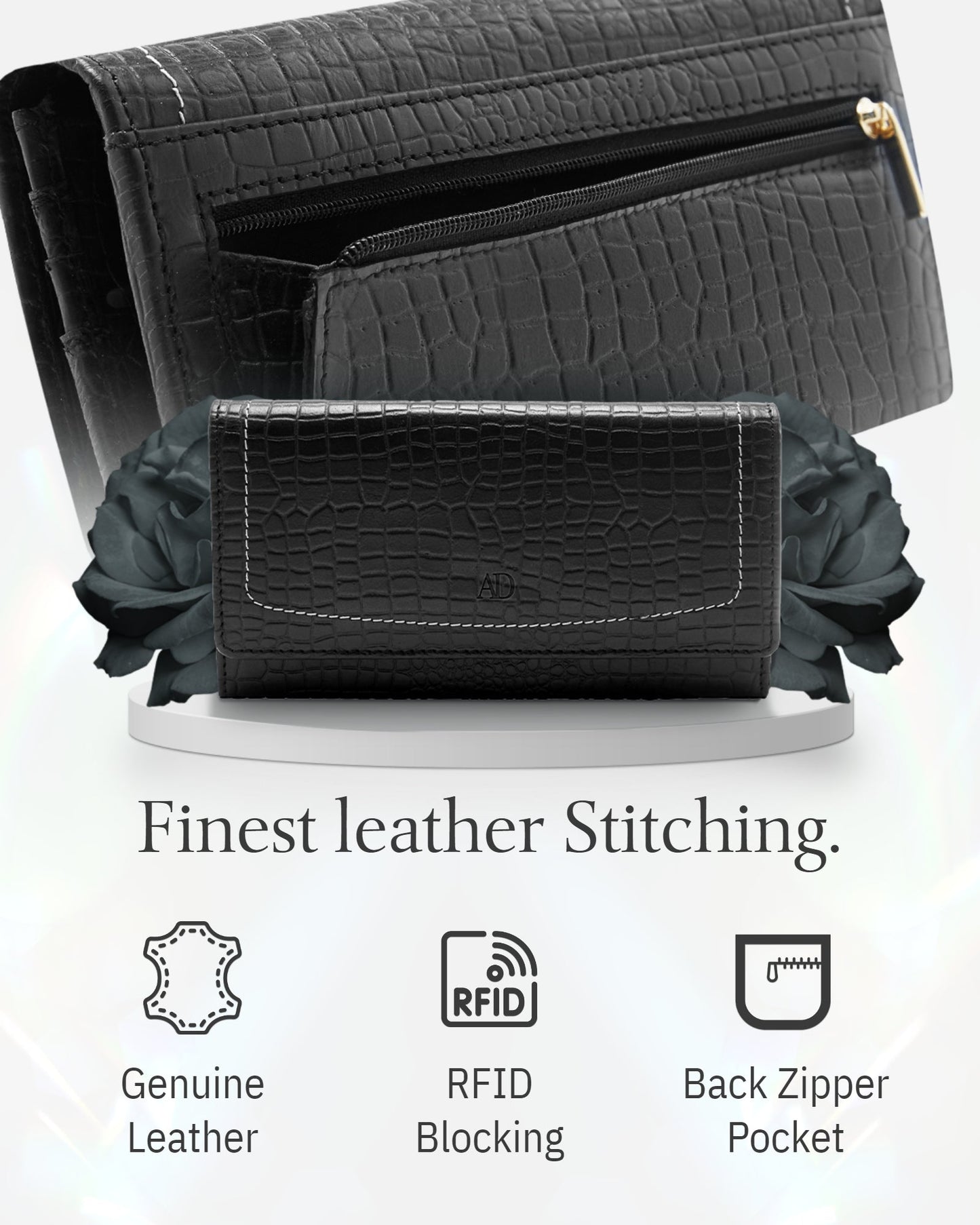Genuine Leather Accordion Clutch Wallet – Zip Coin Pocket, RFID Blocking