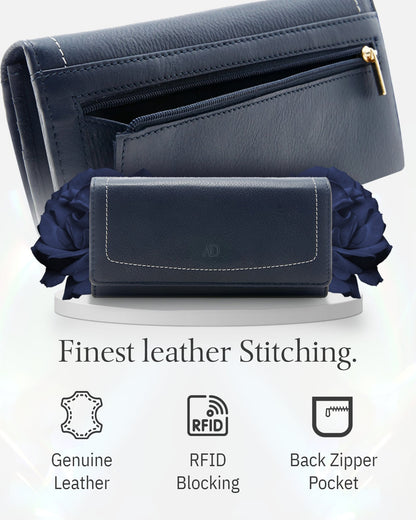 Genuine Leather Accordion Clutch Wallet – Zip Coin Pocket, RFID Blocking