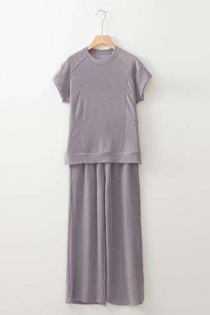 Luxury Solid Corded Short Sleeve T Shirt And Wide Leg Pants Set