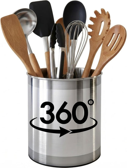 Extra Large Rotating Utensil Holder Caddy with Sturdy No-Tip Weighted Base, Removable Divider, and Gripped Insert: Metal | Rust Proof