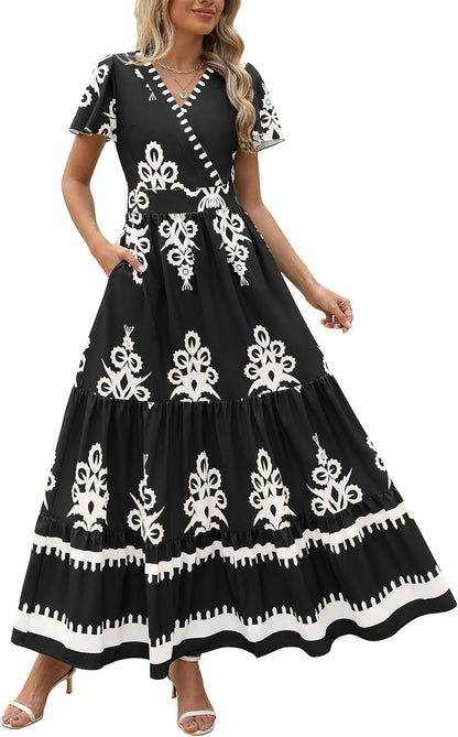 PRETTYGARDEN Womens 2025 Summer Casual V Neck Boho Maxi Dress Flowy Aline Bell Sleeve Tiered Floral Dresses with Pocket