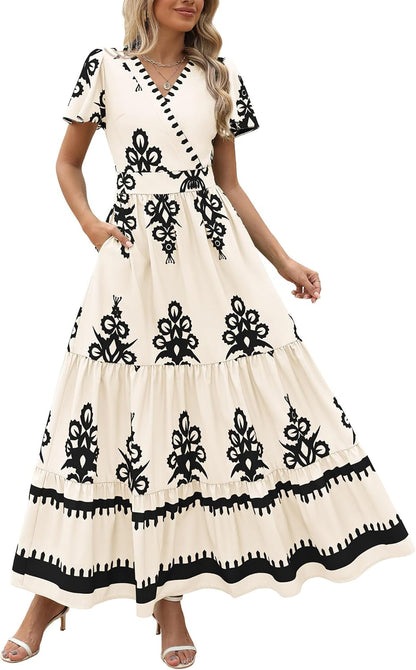 PRETTYGARDEN Womens 2025 Summer Casual V Neck Boho Maxi Dress Flowy Aline Bell Sleeve Tiered Floral Dresses with Pocket