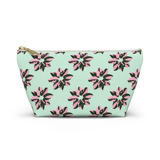 Pink Princess Philodendron Pattern Accessory Pouch – Zippered Catch-All With T-Bottom