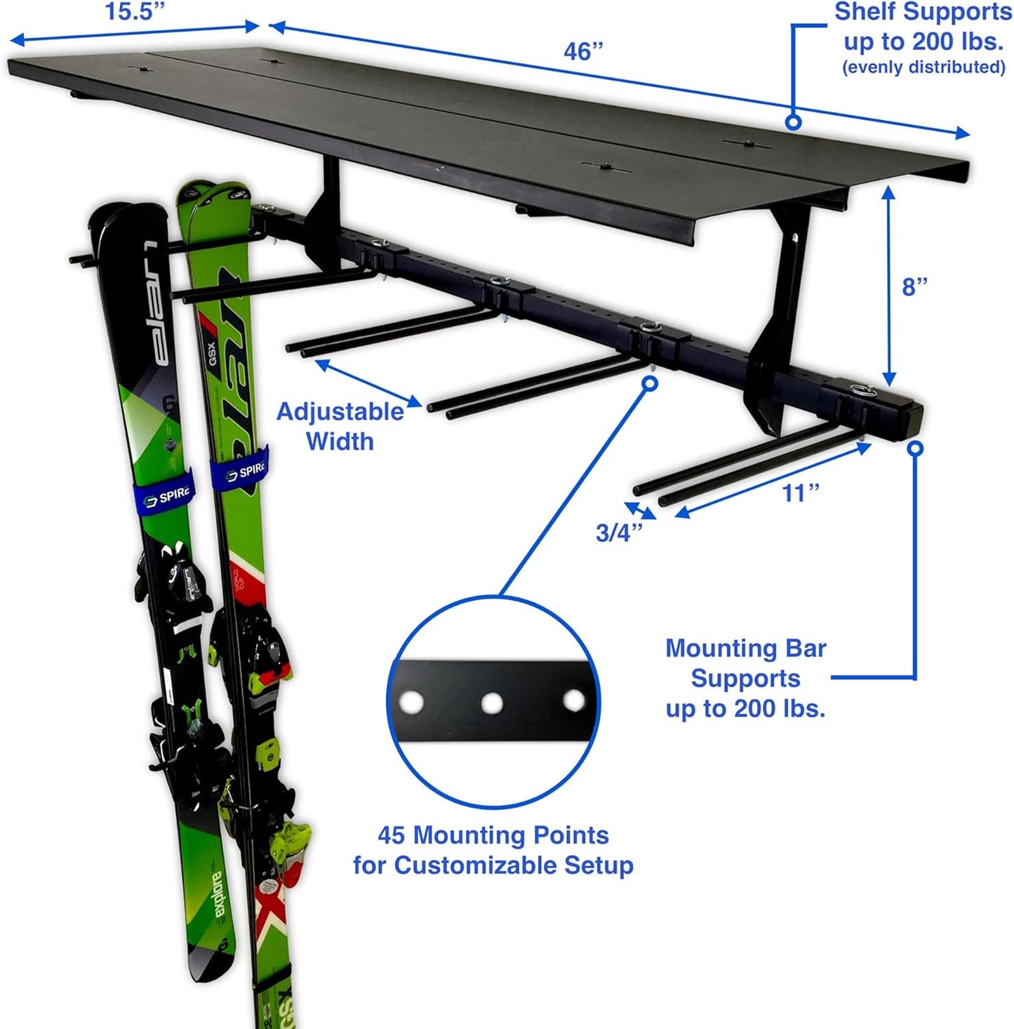 Solitude Ski Solid Shelf | Adjustable Wall Storage System | Holds 10 Pairs of Skis