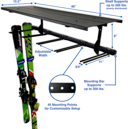 Solitude Ski Solid Shelf | Adjustable Wall Storage System | Holds 10 Pairs of Skis
