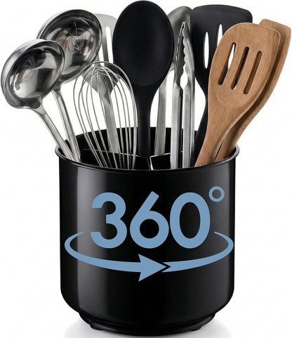 Cooler Kitchen Extra Large and Sturdy Rotating Utensil Holder Caddy with No-Tip Weighted Base, Removable Divider, and Gripped Insert | Rust Proof and Dishwasher Safe