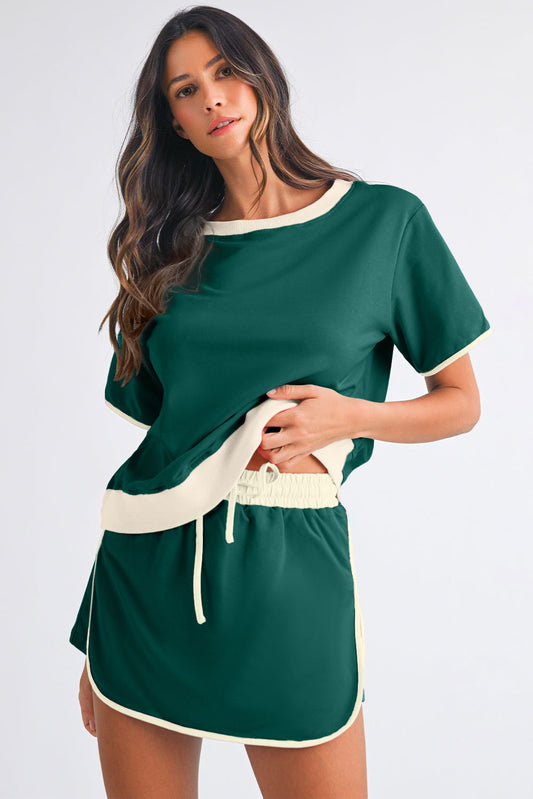 Luxury Colorblock Edge Drop Shoulder T Shirt and Skort Set